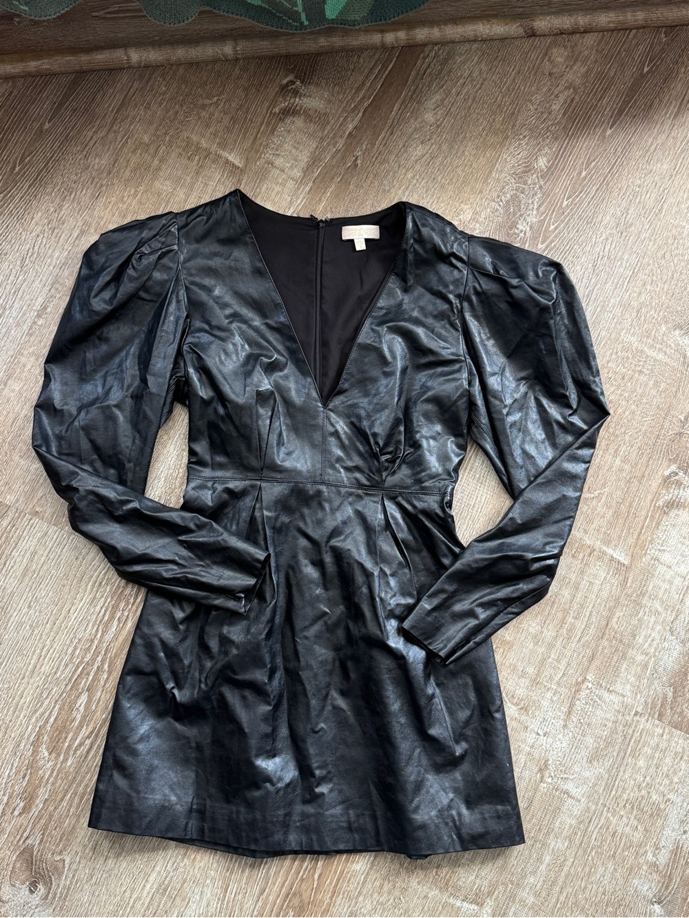 Ronny Kobo Black Faux Leather Puff-Sleeve Mini Dress